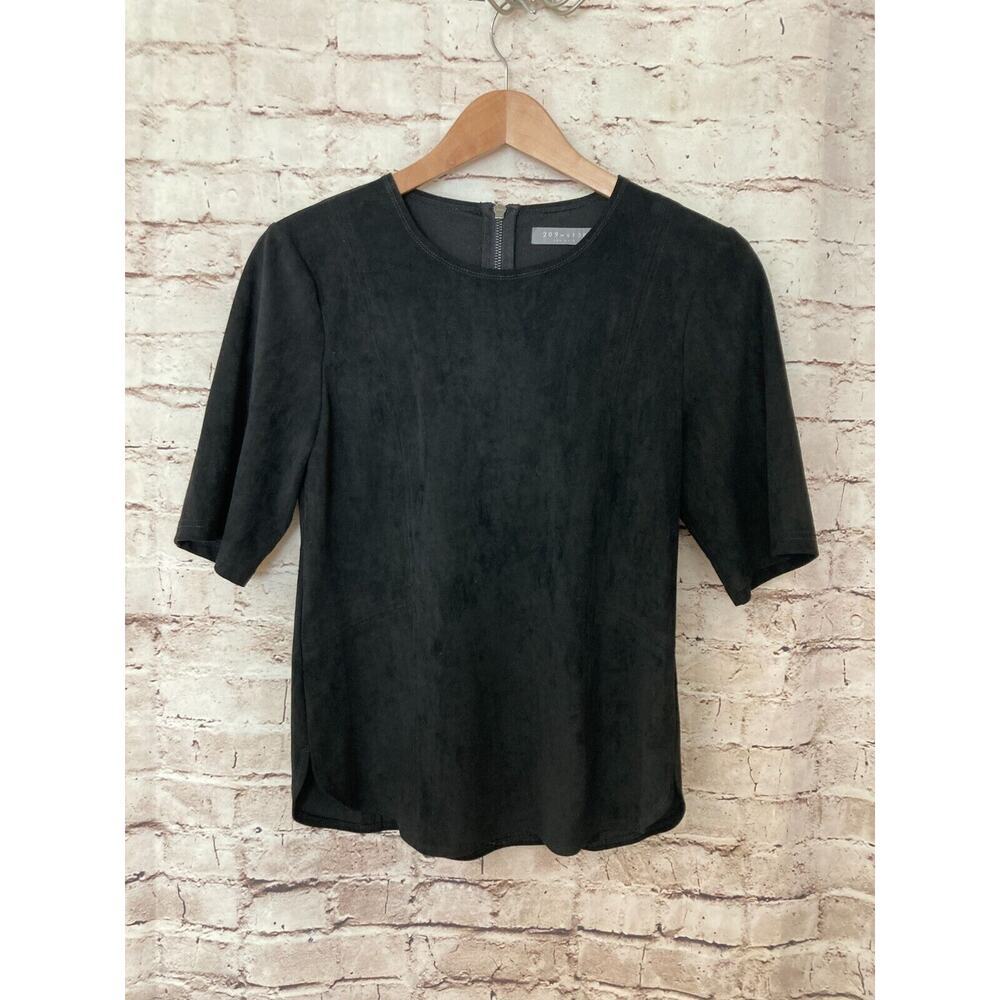 209 WST 38 Shirt Womens Small Black Microsuede Short‎ Sleeve Zip Back Scoop Neck